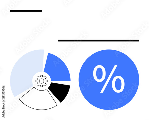 Circular segmented pie chart and percentage symbol in blue, black and white. Ideal for data visualization, statistics, performance metrics, financial reports, business analytics, progress tracking