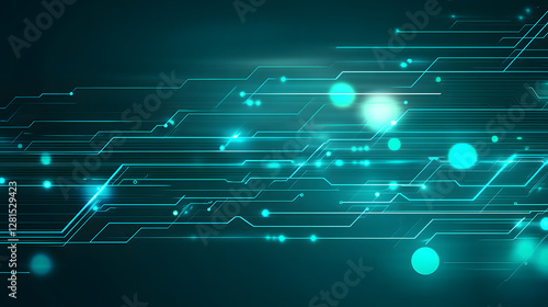 Abstract technology background with digital connections and polygonal shapes in teal color on a dark blue background
