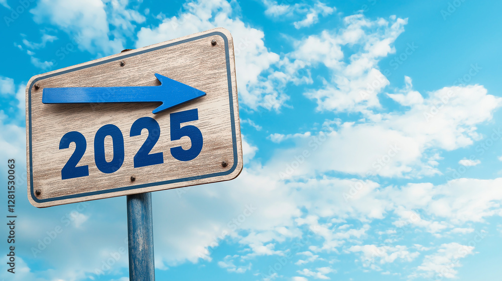 2025 sign pointing forward against bright blue sky with fluffy clouds, symbolizing future direction and optimism 2025 sign pointing forward against bright blue sky with fluffy clouds, symbolizing future direction and optimism