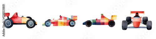 Colorful racing cars in pixelated watercolor style, perfect for art lovers, isolated on transparent background. photo