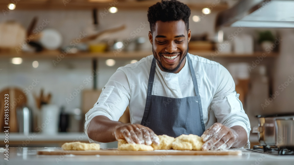 Professional chef kneading pizza dough with practiced hands in bright modern kitchen Professional chef kneading pizza dough with practiced hands in bright modern kitchen