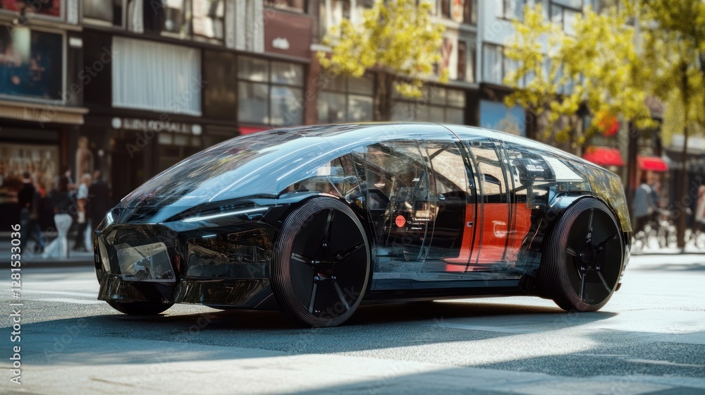 Transparent Automotive Concept Showing Modern Design and Advanced Technology on city streets