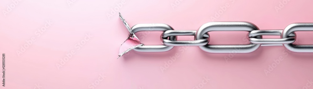 Metallic Chain Link Breaking on Soft Pink Background Symbolizing Strength and Fragility