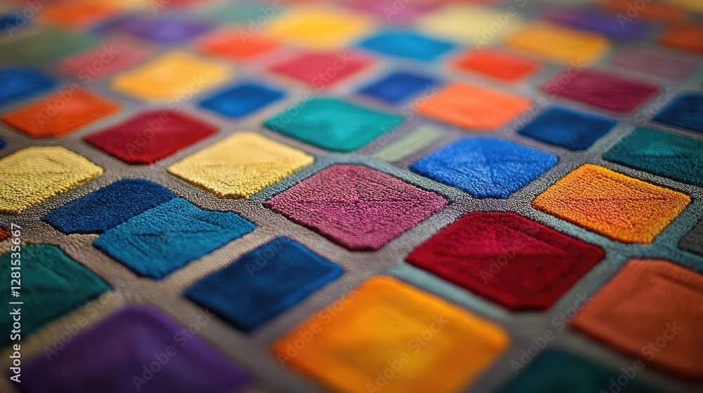 Close-up photo shows detail of colorful textured wool patchwork blanket Close-up photo shows detail of colorful textured wool patchwork blanket