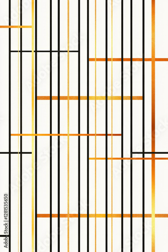 Wallpaper Mural Illustration of a minimalistic, modern pattern with thin black stripes on a white background, interspersed with gold geometric shapes. The clean lines and sleek design give the pattern a sophisticated Torontodigital.ca