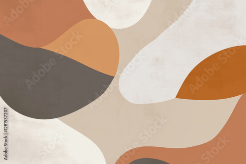 Illustration of a minimalist abstract composition featuring soft, overlapping organic shapes in neutral earth tones. The balanced design and subtle gradients create a sense of calm and harmony,