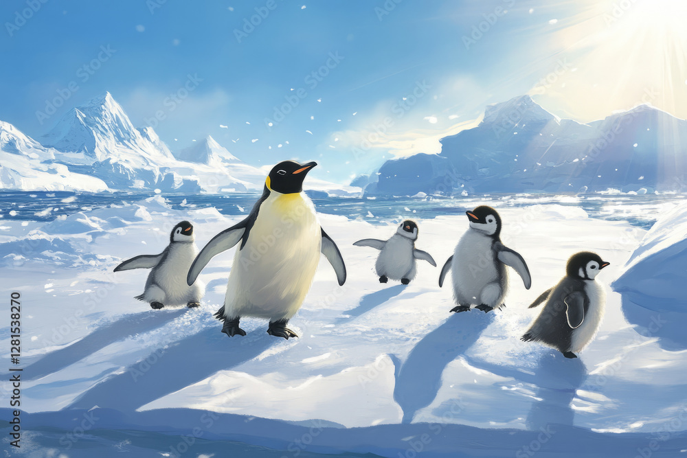 Obraz premium Illustration of a playful family of penguins waddling across the icy Antarctic landscape. The snow glistens under the bright sunlight, while the baby penguins slide across the ice in an adorable