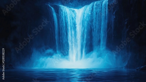 Enigmatic Nightfall: A Serene Waterfall's Azure Embrace