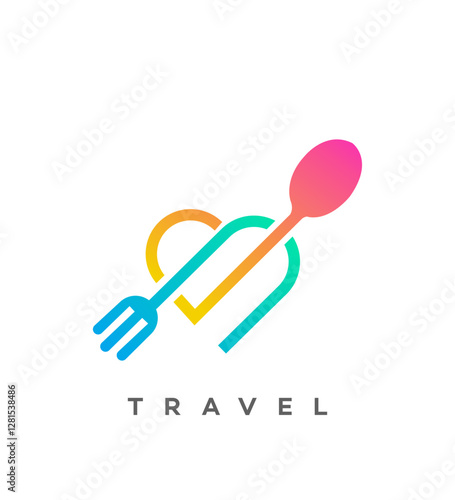 Travel Food Tour Logo Spoon, Fork, Heart, Culinary Adventure