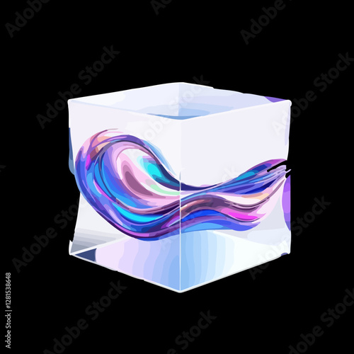 This vector image features a transparent cube with a colorful, flowing wave pattern inside. The wave has a gradient of blue, purple, and pink hues, creating a dynamic and modern visual effect. The bla