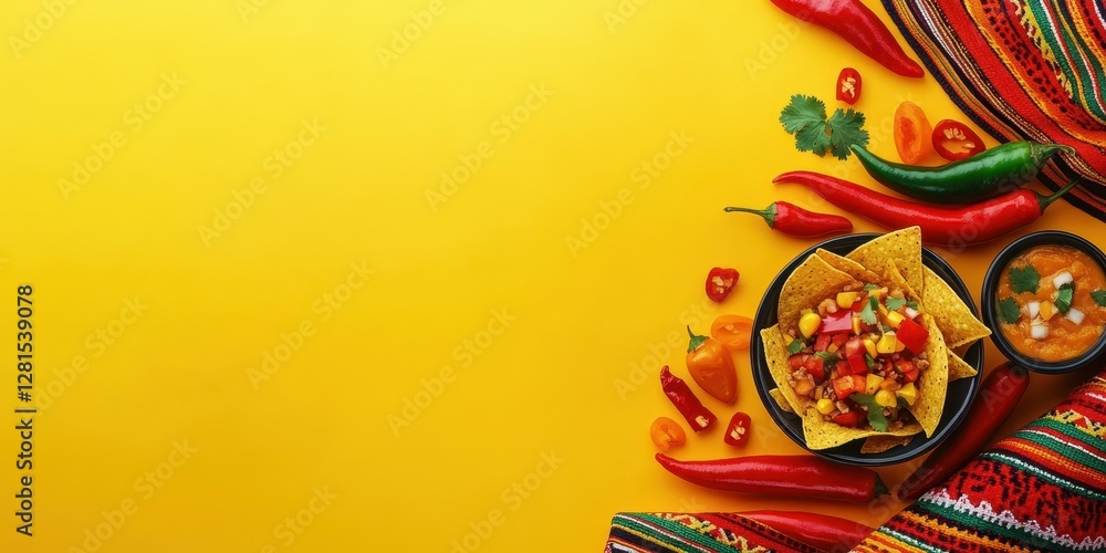 Colorful nachos served with fresh salsa and chili peppers on a bright yellow background Colorful nachos served with fresh salsa and chili peppers on a bright yellow background