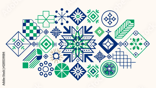 The designs include various symmetrical motifs such as stars, diamonds, circles, and intricate line patterns, creating a visually appealing and harmonious composition