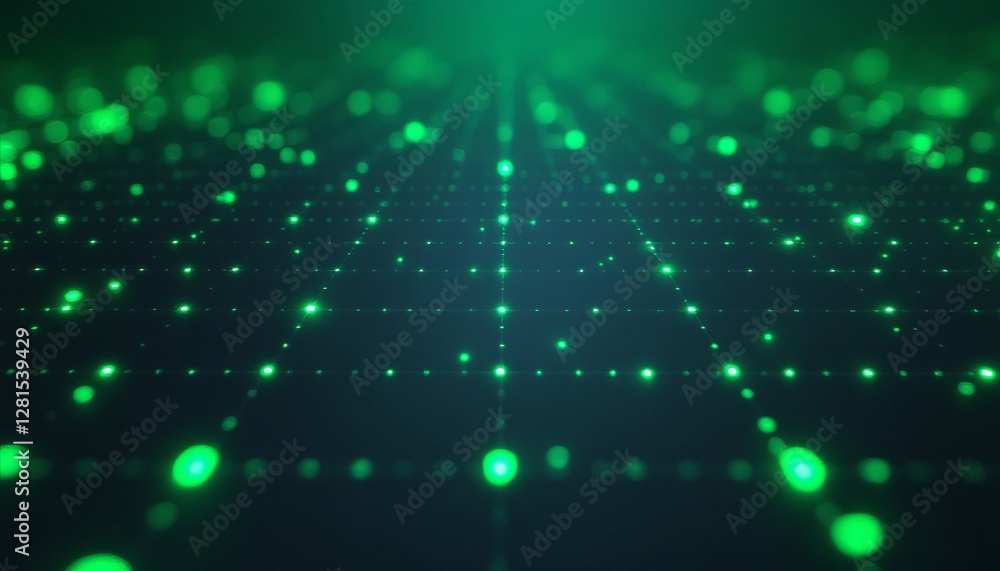 Brightly glowing green digital dots arranged in a grid, creating a pattern that symbolizes technology, data, and futuristic digital environments, viewed from a dynamic perspective.