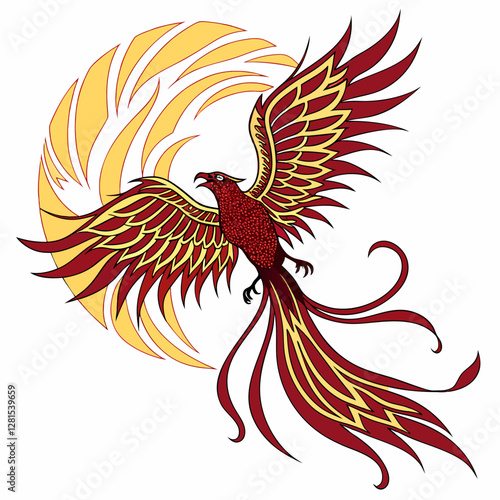  This vibrant vector illustration shows a phoenix with red and yellow feathers, soaring in front of a stylized yellow sun. The phoenix's wings and tail are intricately detailed, symbolizing rebirth an
