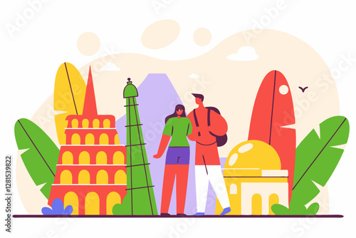 Colorful vector illustration of a happy traveling couple exploring famous landmarks. Modern tourism, adventure, and sightseeing concept with global attractions and nature elements.