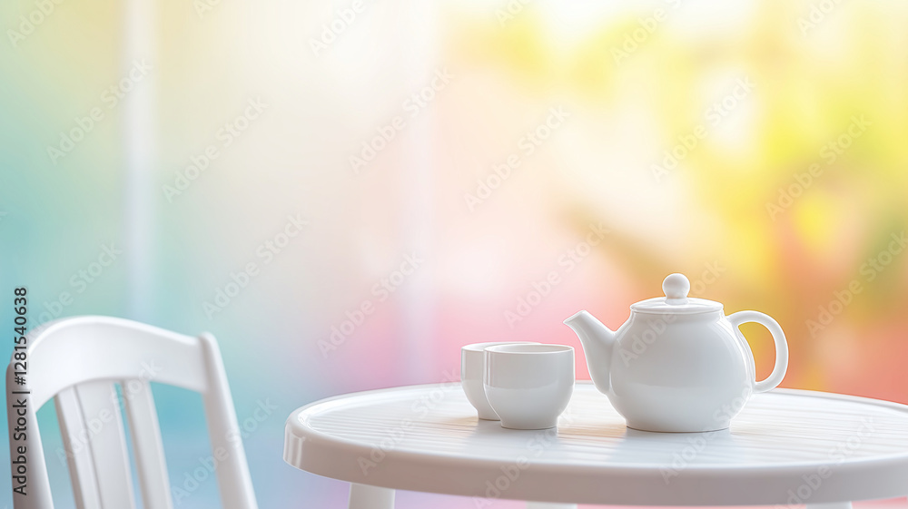 Fototapeta premium serene white plastic table with teapot and cup, perfect for cozy tea time. soft background adds calming atmosphere, ideal for relaxation and enjoyment