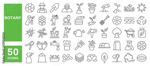Set of 50 line icons related to botany, plant growing, science, floral, research, flower, garden, grass, rose, seed, soil, gardening, Editable stroke. Vector illustration