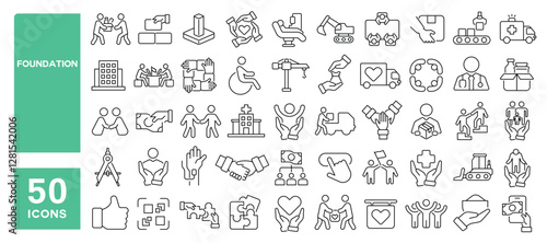 Set of 50 line icons related to foundation, endowment, charity, construction, build, human care, volunteer, donation, community, sharing, empathy, kind, Editable stroke. Vector illustration