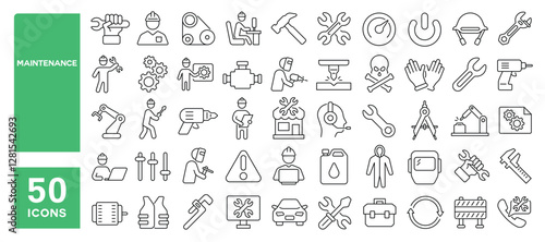 Set of 50 line icons related to maintenance, repair, labor, settings, toolbox, recovery, handyman, wrench, restore, replacement, mechanic, workshop, fix, Editable stroke. Vector illustration