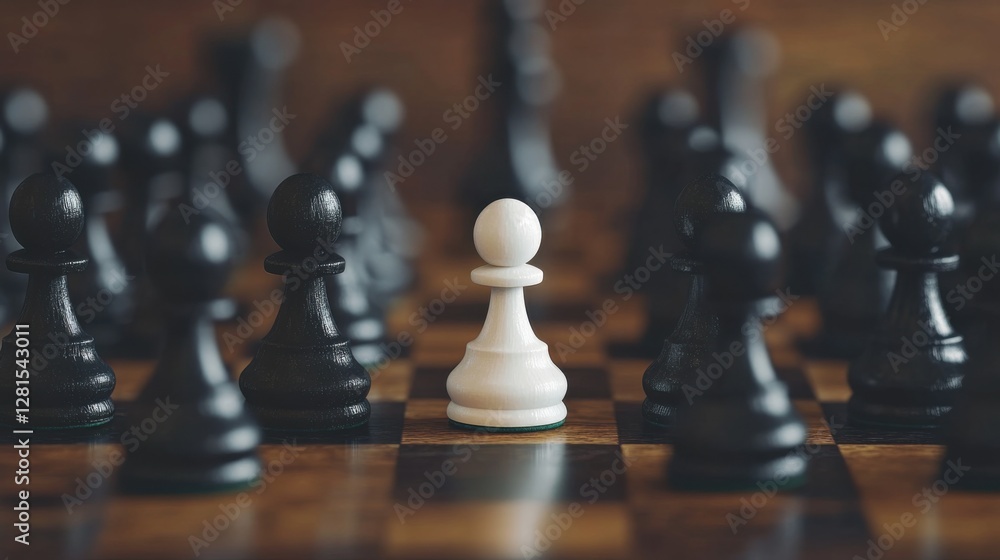 Group of black chess pawns surrounding a single white pawn highlighting uniqueness within uniformity in a highly detailed setting Group of black chess pawns surrounding a single white pawn highlighting uniqueness within uniformity in a highly detailed setting