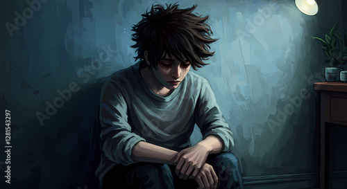 Young man sad depressed sitting on the floor japanese manga style