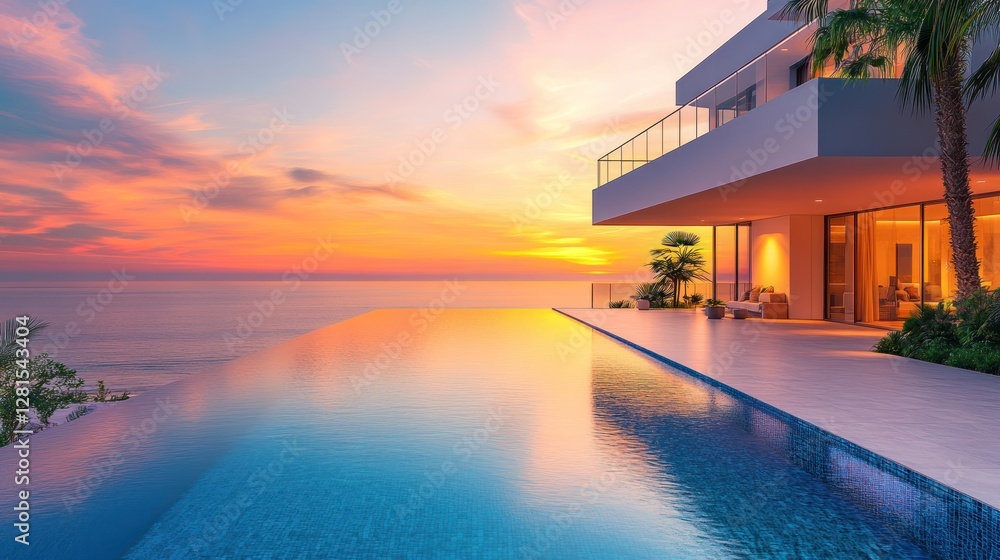 Fototapeta premium Modern Oceanfront House with Infinity Pool at Sunset