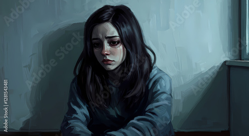 Young woman in the dark, depressed teenager loneliness