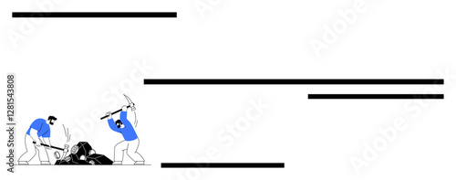 Two workers breaking rocks with pickaxes, emphasizing teamwork and labor. Ideal for mining, construction, infrastructure, collaboration, perseverance, workforce, abstract line flat metaphor