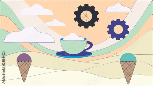 Abstract vector illustration featuring a surreal coffee cup, floating clouds, gears, and ice cream cones. A whimsical landscape blending industrial and dreamy elements for creative designs.