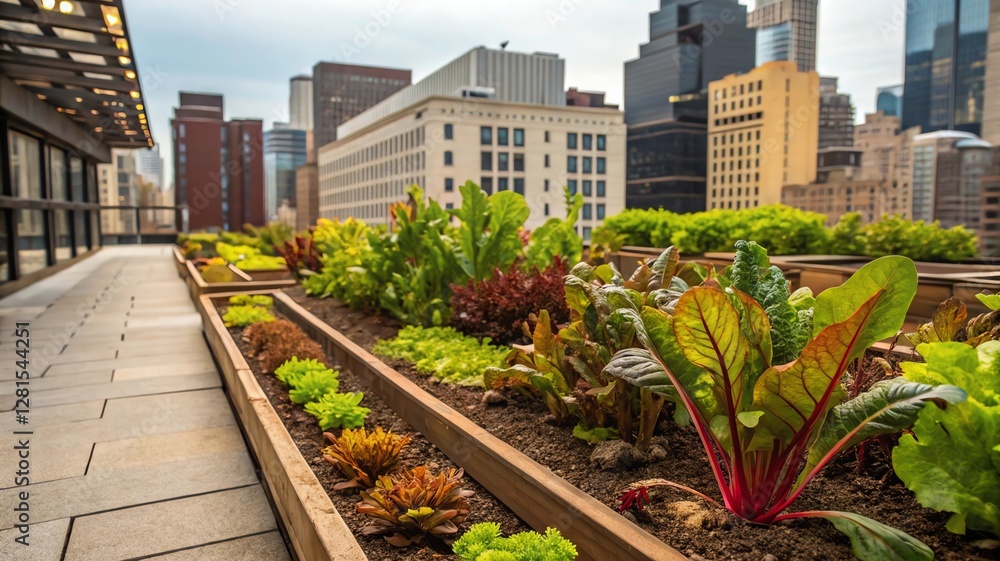 Urban rooftop garden with diverse plants amidst city skyscrapers. Urban rooftop garden with diverse plants amidst city skyscrapers.