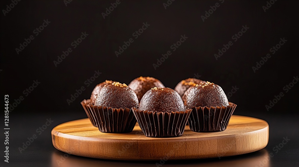 Close-up of six decadent chocolate truffles arranged on a wooden board against a dark background. Sprinkled with a hint of gold. Close-up of six decadent chocolate truffles arranged on a wooden board against a dark background. Sprinkled with a hint of gold.