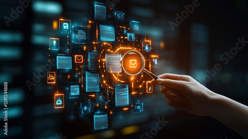 A hand holding a magnifying glass, searching and examining digital documents or going over data with icons of documents and papers in a virtual screen background, visualizing the concept of network.