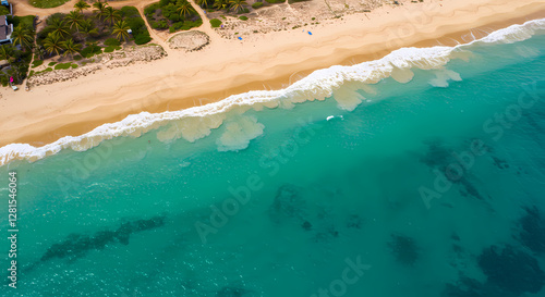 Beach ocean sand shore, aerial top view, realistic art
