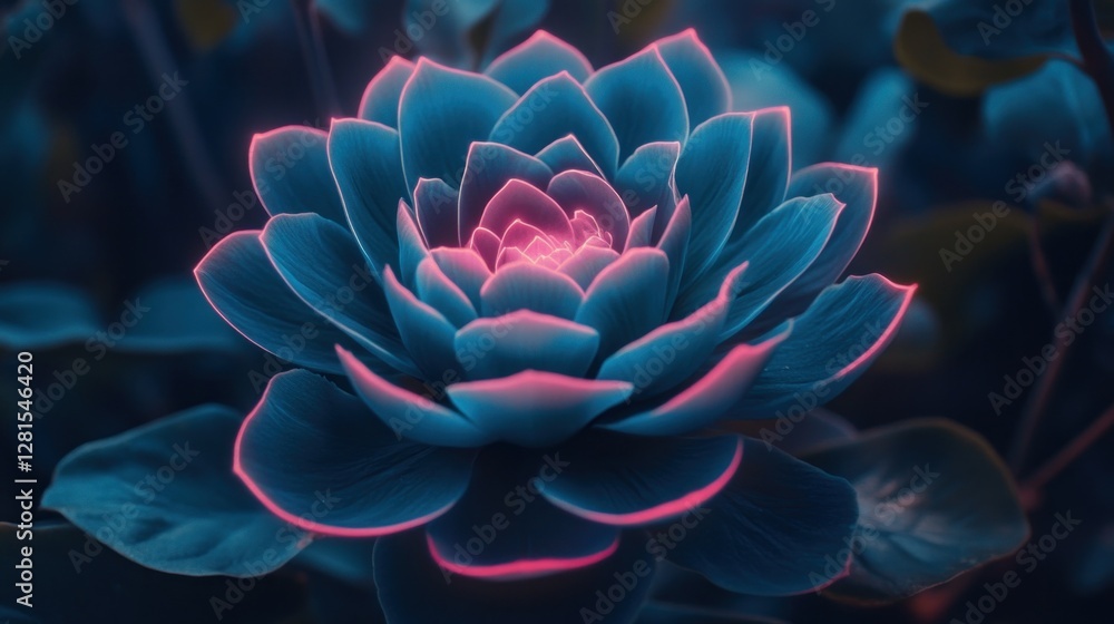Teal Flower with Pink Glowing Edges Close Up Teal Flower with Pink Glowing Edges Close Up