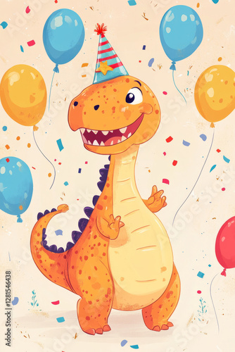 Illustration of a smiling dinosaur wearing a tiny party hat, surrounded by balloons and confetti. This cheerful and colorful cartoon style drawing makes the friendly dinosaur look like it's ready to