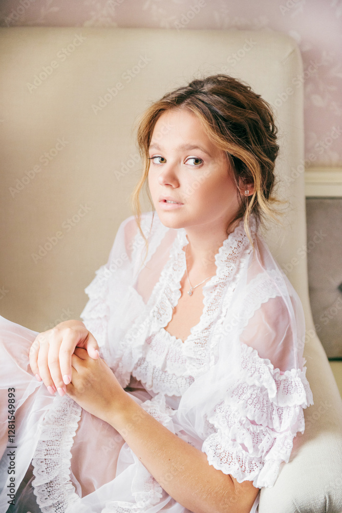 A stunning bride with a natural, delicate look gazes softly into the camera, wearing an elegant lace robe. Her effortless beauty, soft curls, and serene expression create a romantic and wedding. A stunning bride with a natural, delicate look gazes softly into the camera, wearing an elegant lace robe. Her effortless beauty, soft curls, and serene expression create a romantic and wedding.