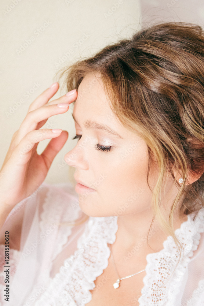 A stunning bride with a natural, delicate look gazes softly into the camera, wearing an elegant lace robe. Her effortless beauty, soft curls, and serene expression create a romantic and wedding. A stunning bride with a natural, delicate look gazes softly into the camera, wearing an elegant lace robe. Her effortless beauty, soft curls, and serene expression create a romantic and wedding.