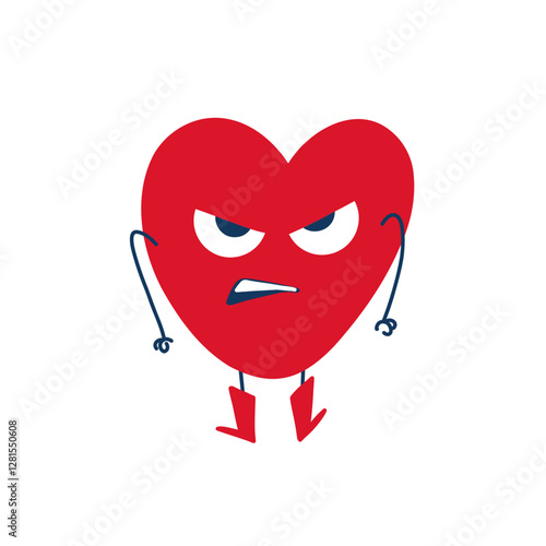 Angry heart with arms and legs. Isolated on a white background in flat-style vector illustration.