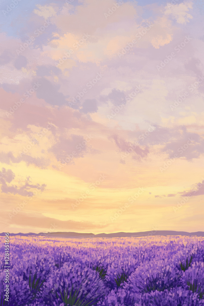 Obraz premium Illustration of a vast field of lavender stretching to the horizon under a soft golden sunset. The colors of the sky blend seamlessly with the purple hues of the flowers, creating a peaceful and