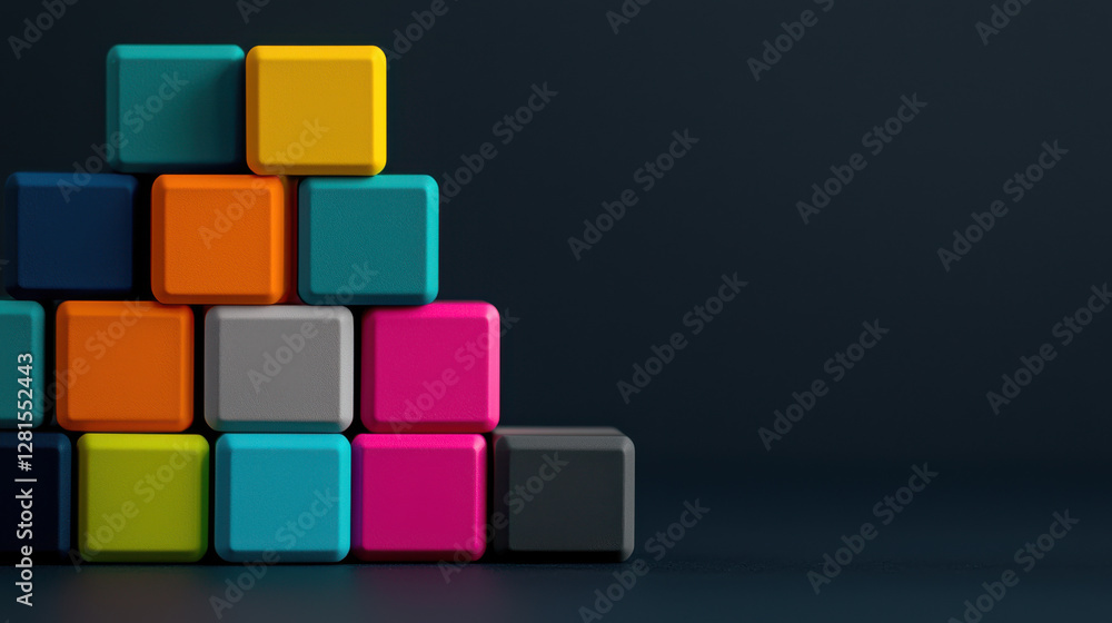 Colorful toy blocks stacked in playful arrangement Colorful toy blocks stacked in playful arrangement