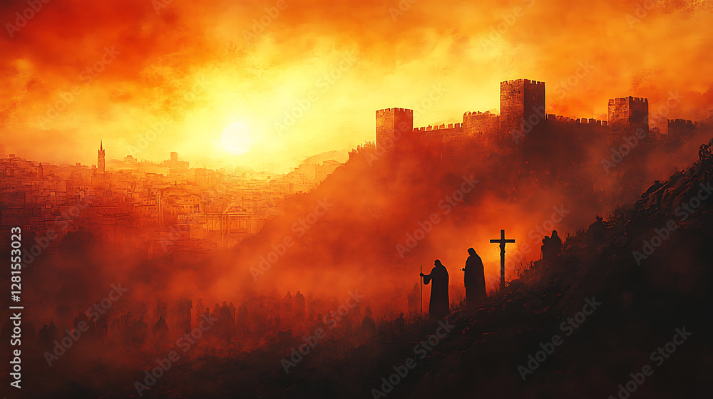 Naklejka premium A panoramic view of the suffering, Jesus and two disciples on crosses, Herod's castle and Jerusalem’s cityscape stretching into the distance,