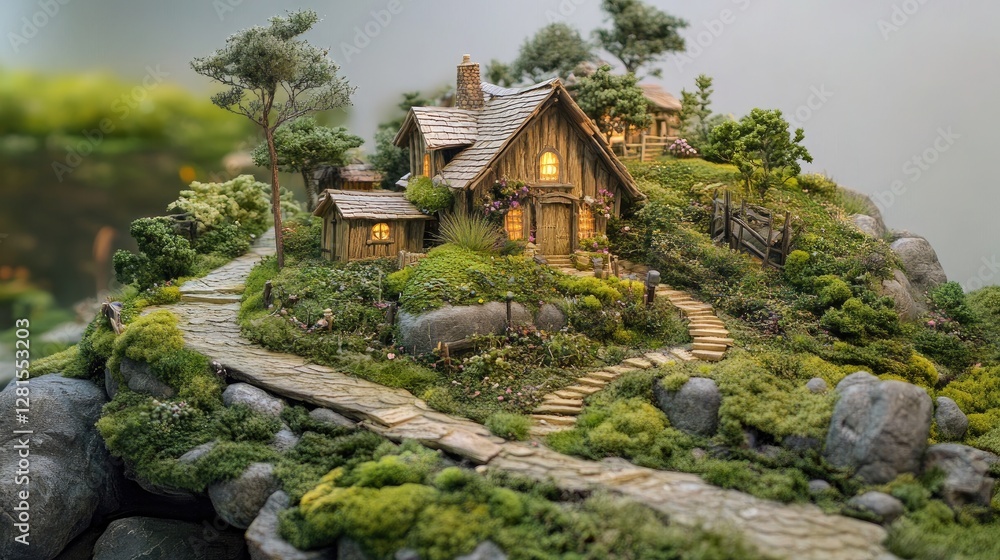 Miniature rural village with a wooden house, dense greenery, and winding pathways, resembling a fairy-tale setting. Miniature rural village with a wooden house, dense greenery, and winding pathways, resembling a fairy-tale setting.