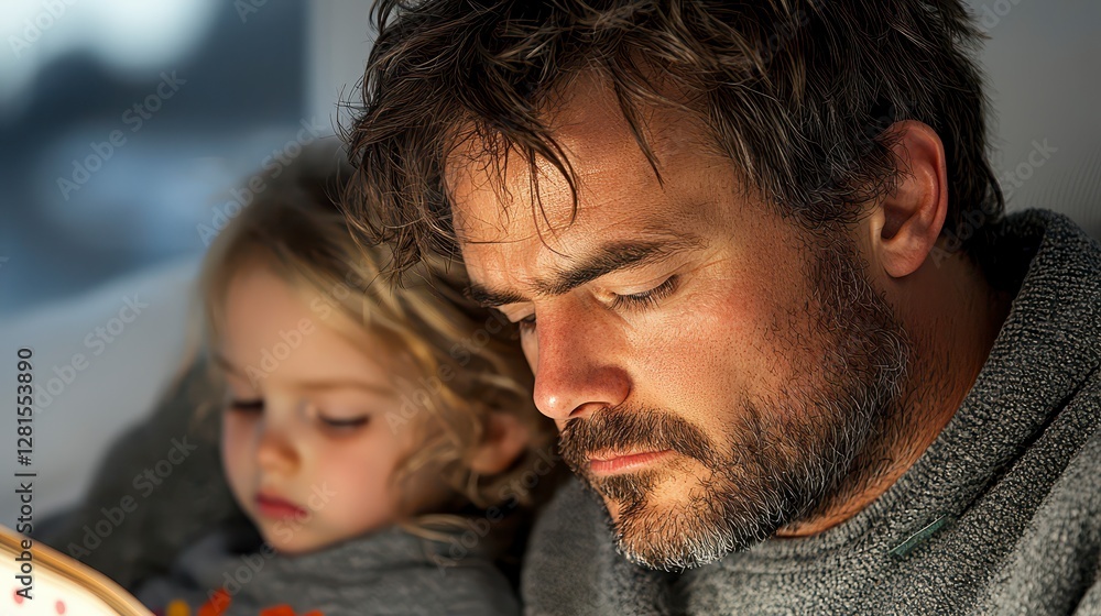Father and Daughter Reading Book at Night Warm Lighting, Tender Moment Father and Daughter Reading Book at Night Warm Lighting, Tender Moment