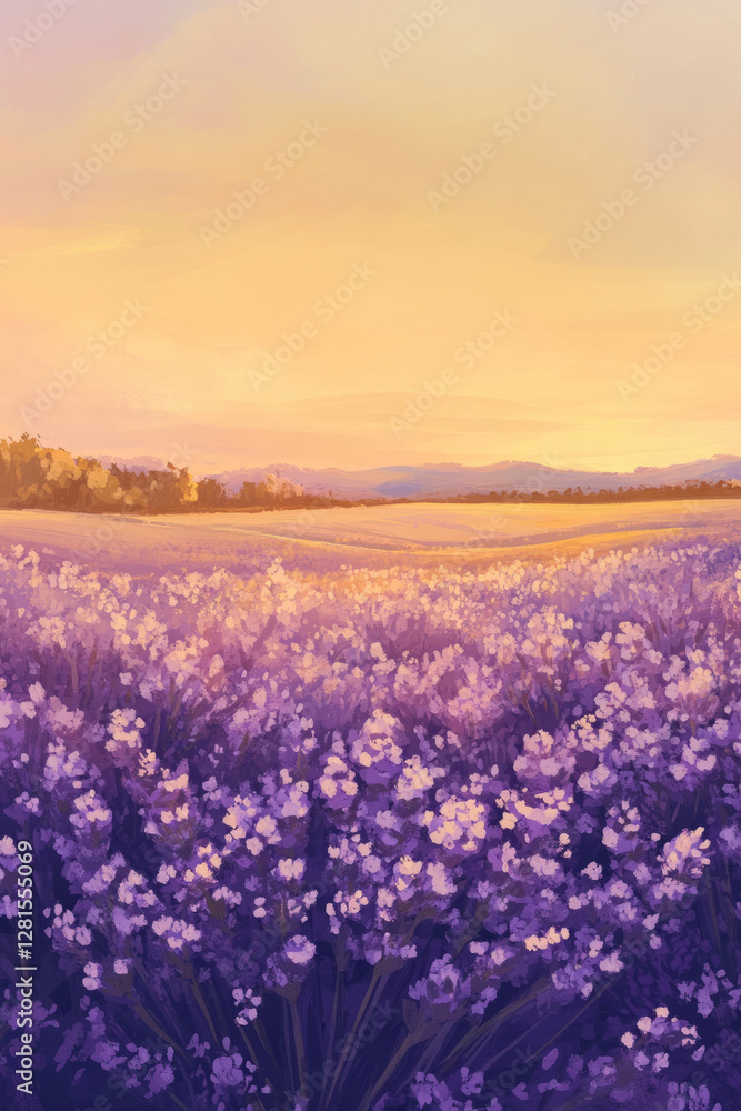 Fototapeta premium Illustration of a vast field of lavender stretching to the horizon under a soft golden sunset. The colors of the sky blend seamlessly with the purple hues of the flowers, creating a peaceful and