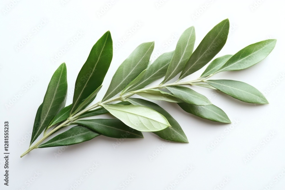 Fototapeta premium Fresh olive branch with green leaves on a white background in a natural light studio shot
