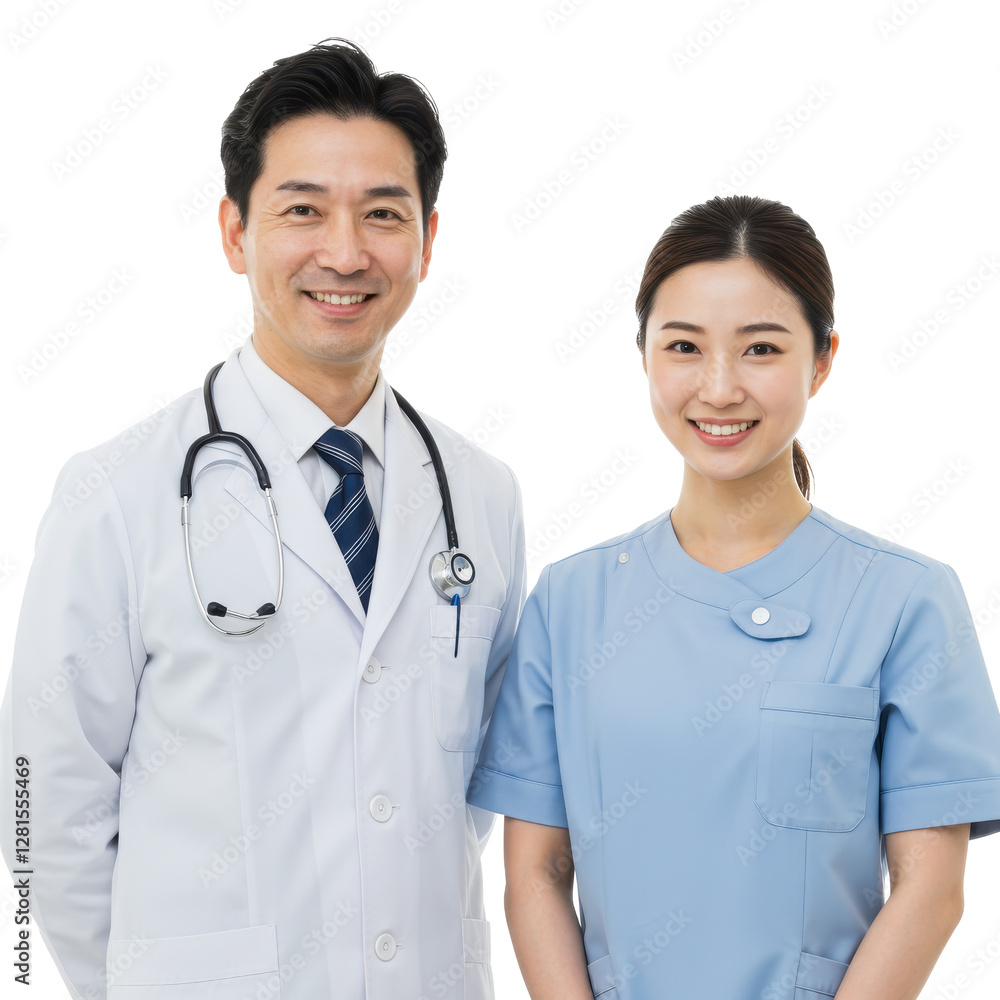 Portrait of a smiling doctor with a female nurse isolated on White background
