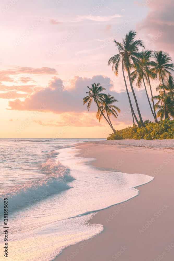 Fototapeta premium Illustration of a tropical beach at sunrise, with gentle waves lapping at the shore and palm trees swaying in the breeze. The soft pastel colors in the sky reflect the early light, giving the scene a