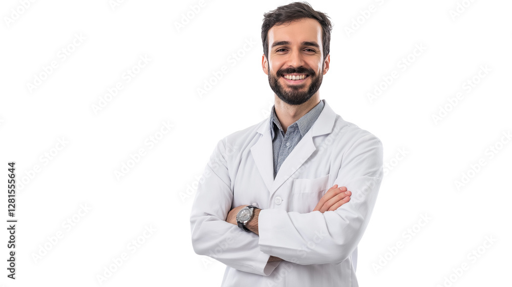 Pharmacist in a white coat, standing confidently in a professional setting, friendly and professional expression, isolated PNG Pharmacist in a white coat, standing confidently in a professional setting, friendly and professional expression, isolated PNG