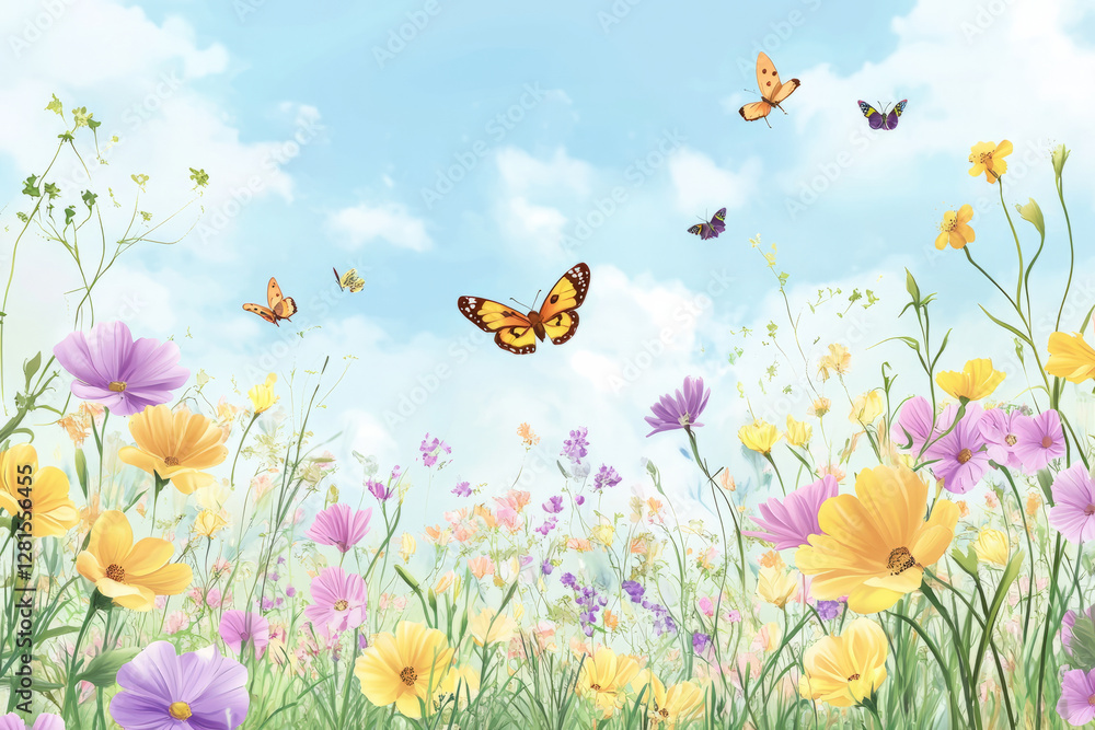 Illustration of a wildflower field under a soft blue sky, with various flowers in shades of yellow, purple, and pink swaying gently in the breeze. Bees and butterflies hover around, adding movement Illustration of a wildflower field under a soft blue sky, with various flowers in shades of yellow, purple, and pink swaying gently in the breeze. Bees and butterflies hover around, adding movement