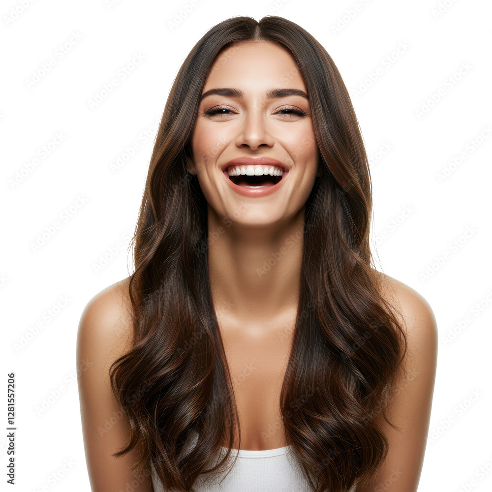 Beautiful laughing brunette female model with long hair. Smiling woman hairstyle isolated on White background Beautiful laughing brunette female model with long hair. Smiling woman hairstyle isolated on White background
